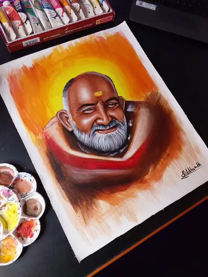 The finished portrait of Neem Karoli Baba. I used Camel acrylic colors on an 18x15 inch fine art canvas to create this piece.