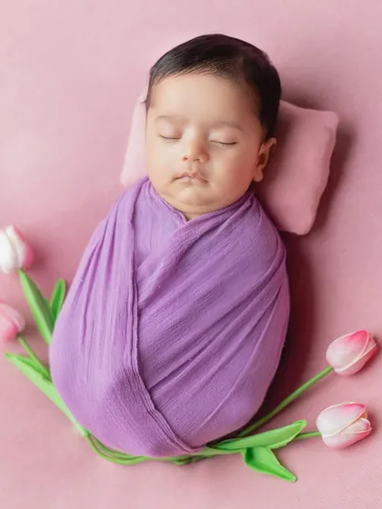 A simple and beautiful shot of a newborn wrapped in purple, surrounded by tulips.