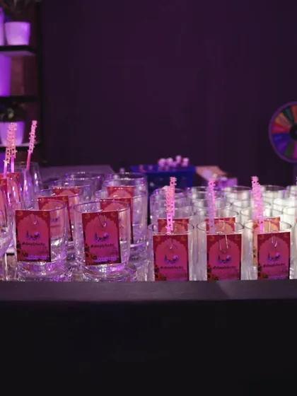 Custom-tagged glasses ready for the party. Personalization is key to making your event feel unique and special.