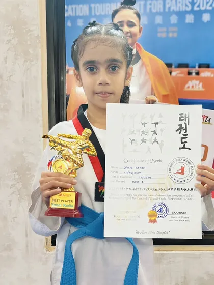 We don't just teach Taekwondo; we build champions. We are incredibly proud of our student, Pahal Kedia, recognized as the 'Best Player' at a recent belt promotion exam. Her dedication is an inspiration to our entire team.