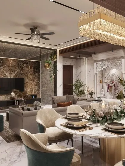 A closer look at the integrated living, dining, and spiritual space. We don't just design homes; we incorporate our clients' stories and imagination, bringing their ideal lifestyle to reality through thoughtful, end-to-end architectural solutions.