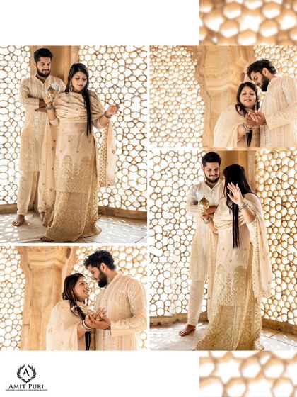 A series of candid and loving moments from a Jaipur palace shoot. This collage captures the couple's interactions, telling a small story of their time together in this beautiful setting.
