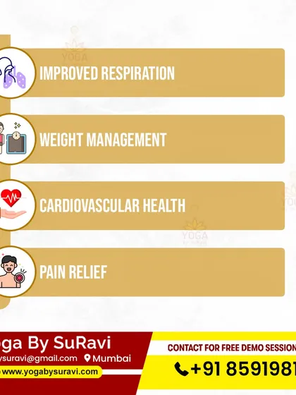 This infographic lists four key benefits of yoga: improved respiration, weight management, cardiovascular health, and pain relief.