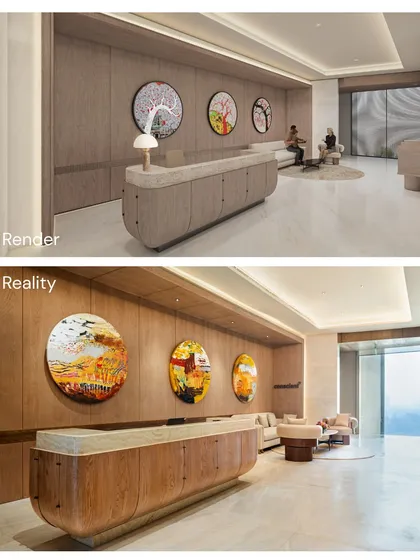 This render-to-reality comparison shows a reception desk with curved wood paneling and circular art pieces. The final execution faithfully brings the warm, organic design concept to life.