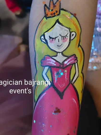 For kids who prefer arm painting, I can create detailed characters like this lovely princess with a sparkling dress. It's like a temporary tattoo but much more colorful.