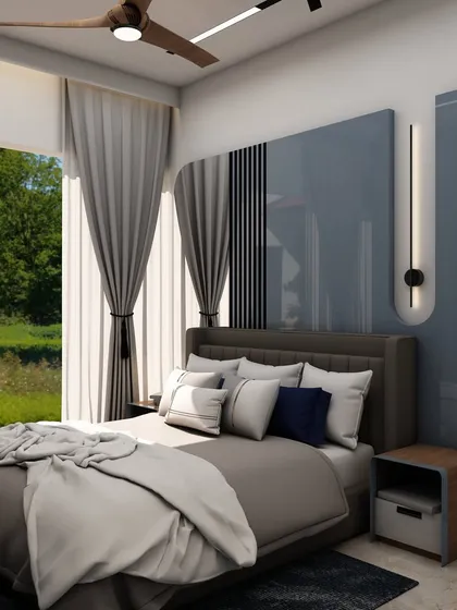This modern bedroom design features a sleek, slate-blue accent wall with vertical fluting and an integrated wall lamp, creating a minimalist yet sophisticated look.