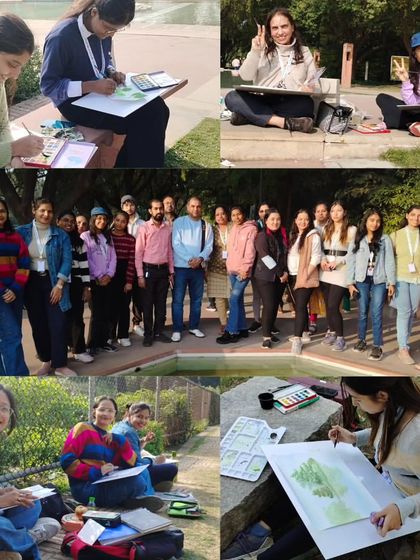 A collage of happy moments from our outdoor study class at Sunder Nursery. Students are seen sketching, learning, and enjoying the beautiful surroundings together.