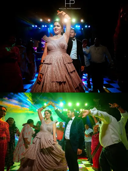 Capturing the life of the party on the dance floor. These shots show the bride and guests enjoying the music under colorful stage lights, showcasing the fun and dynamic atmosphere of the reception.
