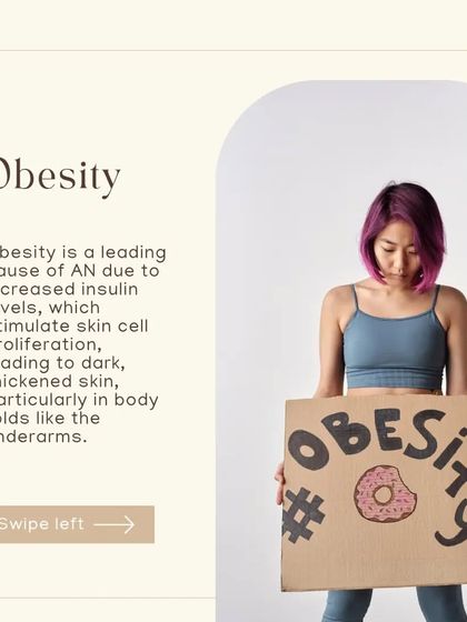 Obesity can increase insulin levels, which may lead to thickened, dark skin in body folds. Addressing this involves a holistic approach that includes nutrition and lifestyle guidance.
