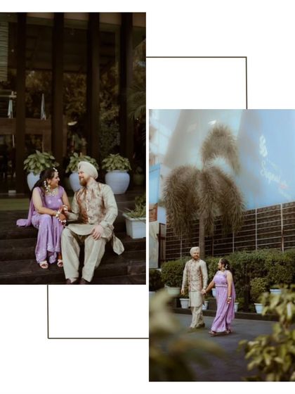 A collage showing the couple in the lush, green surroundings of their venue. These shots capture their relaxed interaction and the beauty of the location.