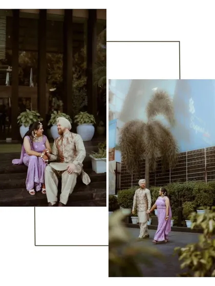 A diptych showing the couple in two romantic poses, one seated and one walking, capturing the serene and happy moments of their day.