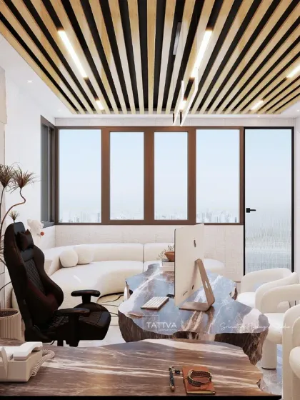 A render of the main architect's cabin in the Tattva Architects office project, featuring a large window for natural light and a comfortable seating area for discussions.