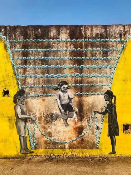 Each panel of the 'Stories of Water' mural tells a different part of the story. From the farmer dependent on the rains to the children playing in floodwaters, the artwork depicts the complex and often contradictory realities of water access and urbanization in our city.