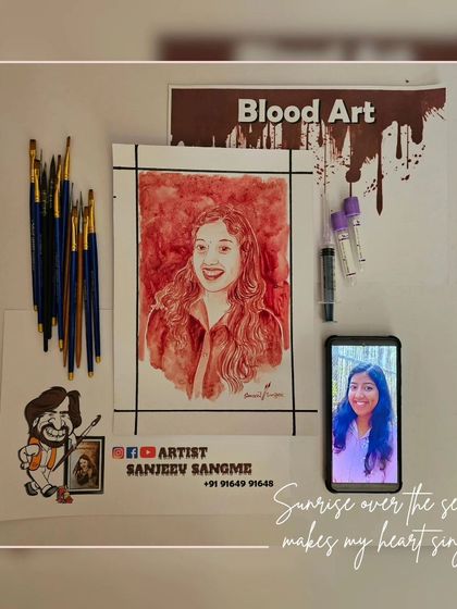 This image shows the transformation from a reference photo to a finished blood art portrait. The subtle details and shading are all achieved using the unique properties of the blood medium.