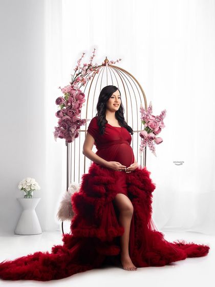 A whimsical and elegant portrait featuring my popular birdcage prop. The client is seated in a stunning red ruffled gown, creating a beautiful, fairytale-like scene.
