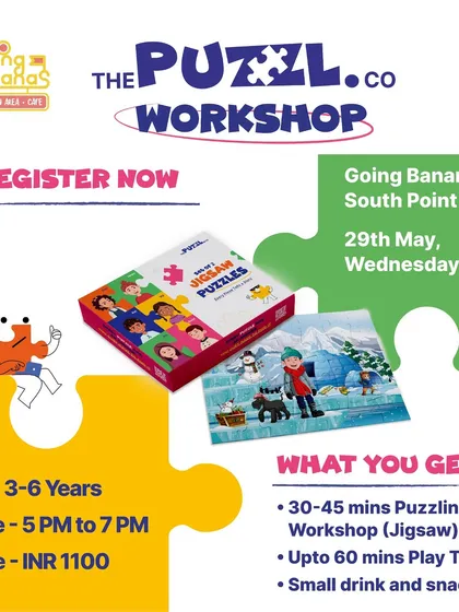 We regularly host new workshops for different age groups. This event poster for a Puzzl.co jigsaw workshop shows the details for a session aimed at 3 to 6 year olds, including the activity time, play time, and what's included.