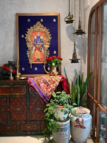 An oversized family heirloom prabhavali finds a new purpose in this custom commission. I framed it with a digitally painted Vishnu, inspired by the Company School style, and mounted it on deep blue Banarasi silk to create a striking piece of devotional wall art.