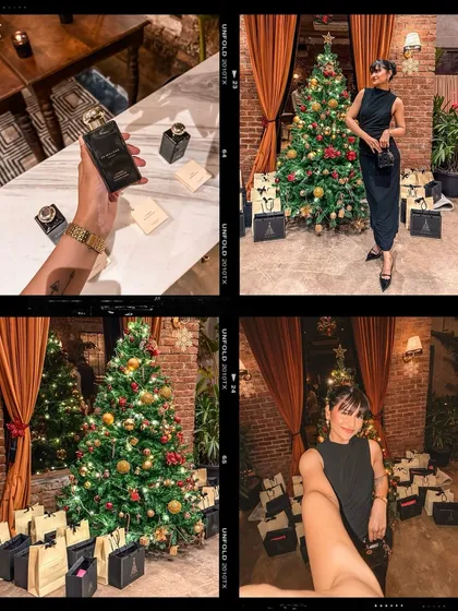 A collage of moments from the ELC Christmas party, including the decor, gifts, and my outfit.