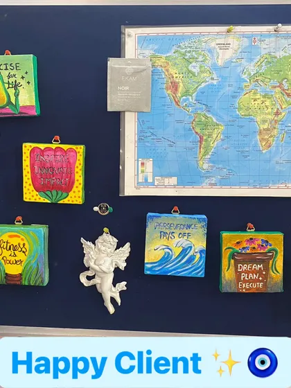 It brings me so much joy to see my art find a home. Here's a collection of my mini motivational canvases on a client's board. Seeing them become a part of someone's daily life is the best feeling, sach mein.