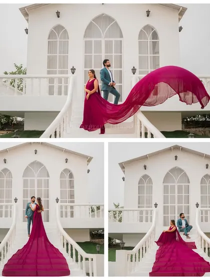 More shots of Nihit and Komal, this time in front of a modern white structure, with the bride's purple trail gown cascading down the stairs for a glamorous effect.