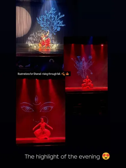 The use of digital art and illustrations was a key highlight of "Sharad". Here, you can see how we projected images of a tree and the goddess's eyes to create a multi-layered visual experience.