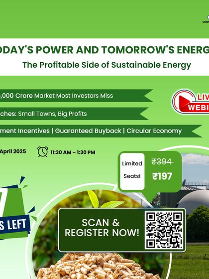 Creating urgency for our Bio-Energy webinar, this ad shows a countdown with a backdrop of a Bio-CNG plant. It reinforces the message of turning India's 350M+ tons of organic waste into a high-demand clean fuel business.