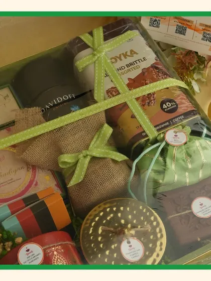 Green for growth and prosperity. Our green-themed hampers for Navratri and Diwali are filled with a mix of traditional and modern treats.