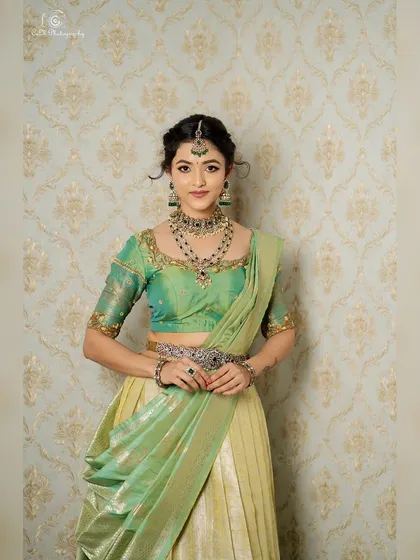 A poised and elegant shot from the same series, demonstrating a complete and polished traditional look.