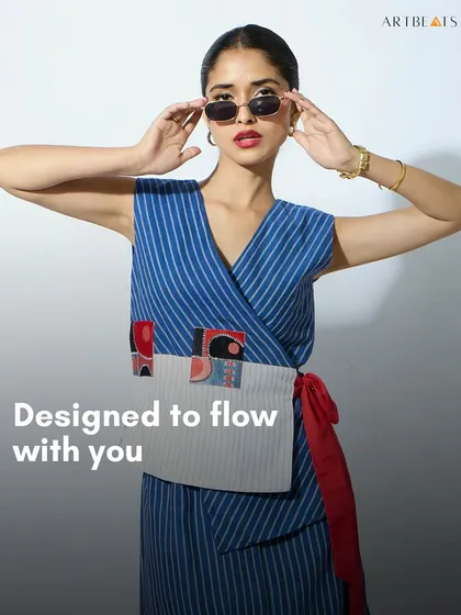 The Kintsugi co-ord set, designed to flow with you. The striped wrap top with its art-detailed belt is a perfect example of the Wabi Sabi collection's philosophy: imperfect, intuitive, and irreplaceable.