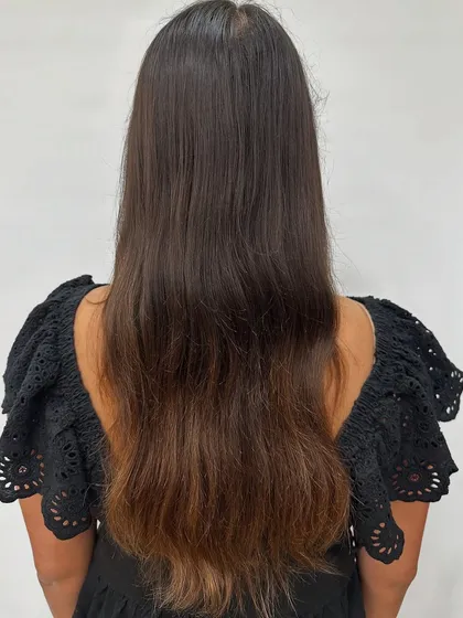 A beautiful transformation for a bride-to-be. We corrected her uneven base color and added soft, romantic highlights to get her ready for her big day.