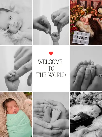 A collage dedicated to the little things: a baby's gaze, tiny hands holding a parent's finger, and delicate feet. This collection serves as a beautiful reminder of all the small details that make up your big love story.
