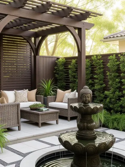 We create serene outdoor escapes. This Zen garden features a custom-built pergola, privacy screens, and a tranquil water feature, showing how we blend structural elements with landscape design for a complete outdoor experience.