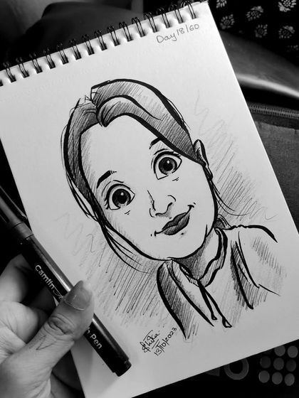 The same caricature in black and white, which emphasizes the clean line work.