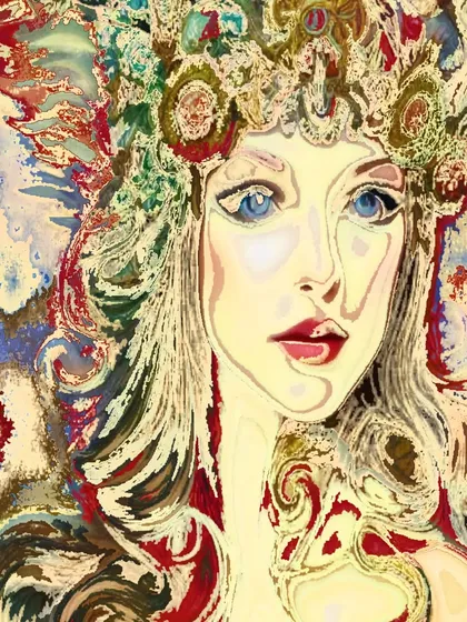 The second abstract portrait, this one using a wider range of colors like red, blue, and cream for a softer, more complex look.