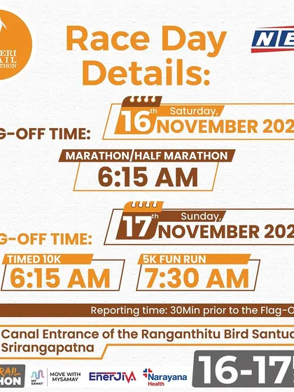 Here are the flag-off times for the Kaveri Trail Marathon. The Marathon and Half Marathon start on Saturday, with the 10K and 5K on Sunday.