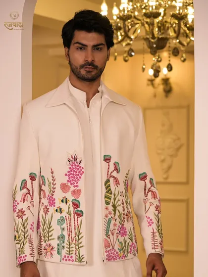 A close-up portrait in the ivory jacket, focusing on the colorful and whimsical floral embroidery. This piece is perfect for a groom who wants a joyful and distinctive look.