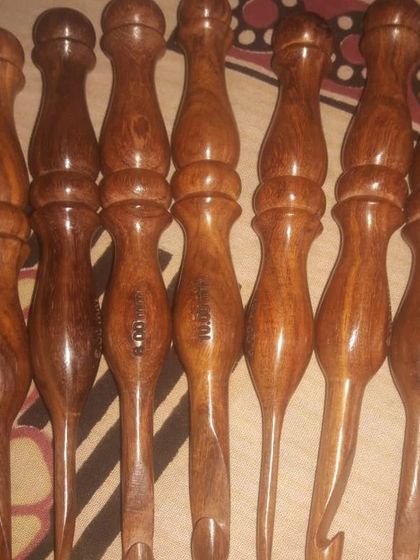 Here is another view of my classic dark wood hooks. The smooth finish ensures your yarn will not snag, and the carved handle provides a comfortable, secure grip.