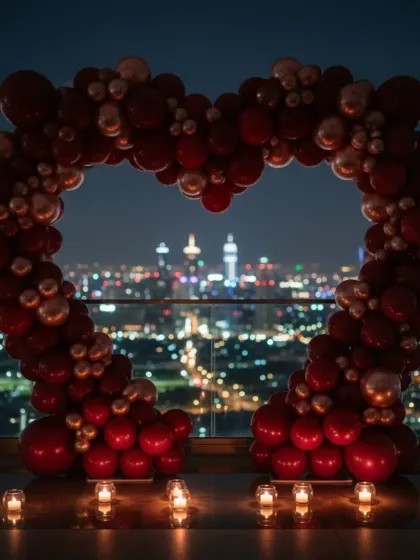 Imagine proposing or celebrating an anniversary with this view. I created this romantic heart-shaped balloon arch on a rooftop, overlooking the city skyline at night for an unforgettable moment.
