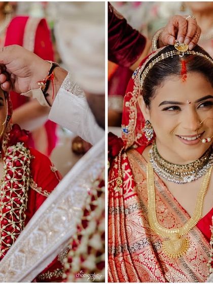 The bride's serene expression as the sindoor is applied, marking the beginning of her new journey. We focus on making these sacred rituals feel personal and profound.