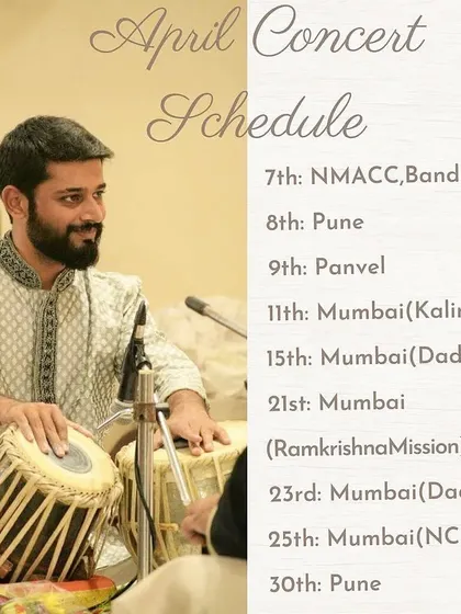 My concert schedule for the month of April, with performances lined up in Mumbai, Pune, and Panvel.