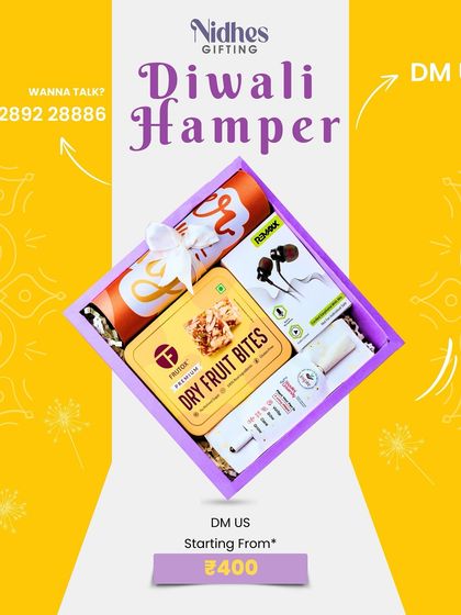 A bright and cheerful graphic showcasing one of my Diwali hamper options. This gift box includes dry fruit bites, earphones, and other goodies, with prices starting from just Rs. 400.