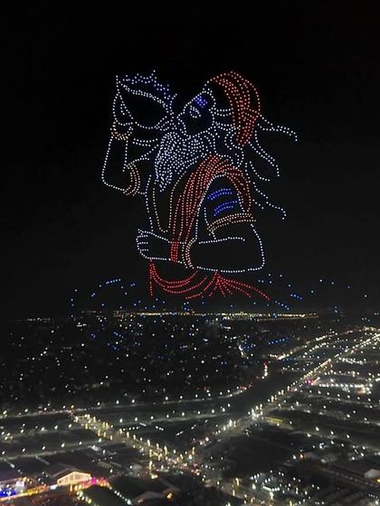 Lord Shiva drinking the cosmic poison during Samudra Manthan, a powerful scene from our 2500-drone show at Maha Kumbh 2025. We use our aerial canvas to tell the most profound stories of our culture.