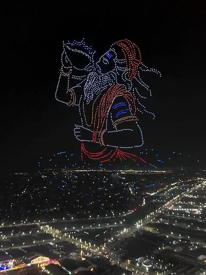 Lord Shiva drinking the cosmic poison during Samudra Manthan, a powerful scene from our 2500-drone show at Maha Kumbh 2025. We use our aerial canvas to tell the most profound stories of our culture.