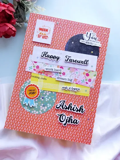 A farewell gift to remember a wonderful journey. This large A4 scrapbook cover was personalized for a colleague, filled with messages and memories to wish them the best on their next chapter.