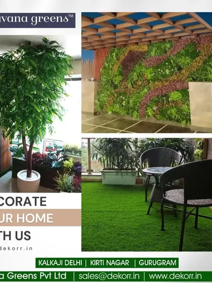 Decorating your home with us means bringing nature into every corner. This collage shows how I combine different elements like artificial trees, vertical gardens, and lush artificial grass to create a cohesive and green living environment.