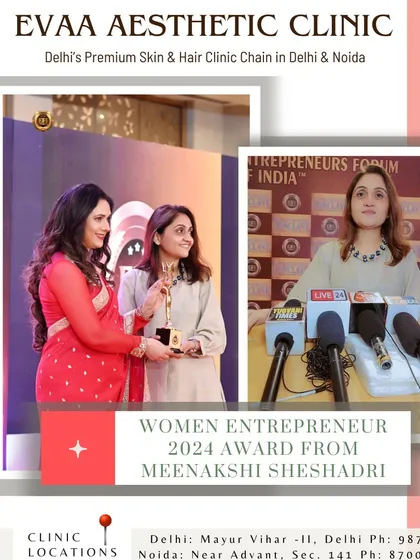 We are honored to be recognized for our leadership and innovation in the aesthetics industry. This image captures the moment our founder received the Women Entrepreneur 2024 award, a testament to our clinic's commitment to excellence.