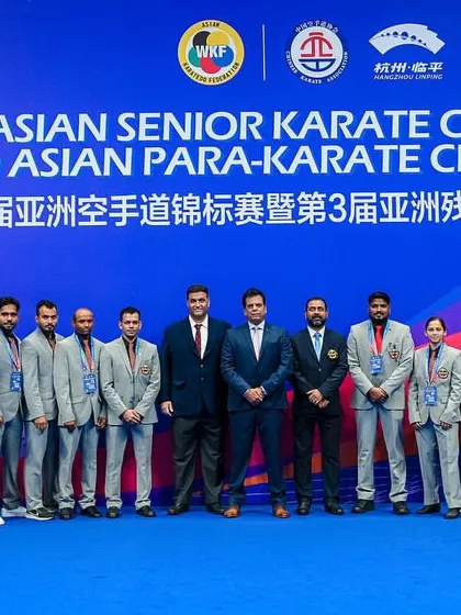 The full Team KIO India contingent at the 20th Senior Asian Karate Championship in Hangzhou. We stand together, ready to compete for our country.