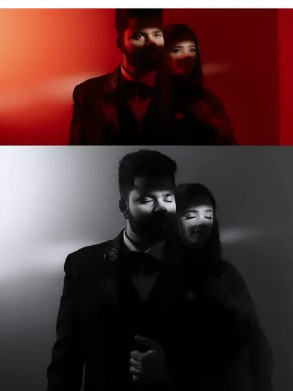 A diptych of high-contrast couple portraits. The use of bold red light in one and stark black and white in the other showcases artistic versatility.