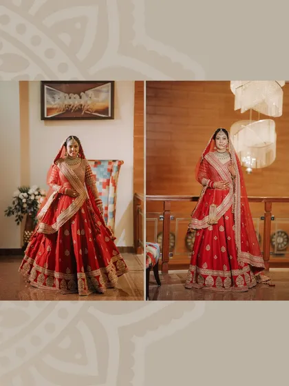 Full-length portraits of the bride in her red wedding lehenga. These shots highlight the grandeur of her outfit and the elegance of the indoor venue.