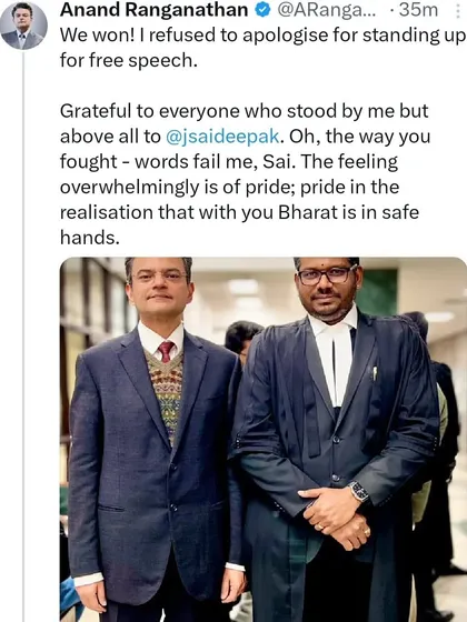 A significant victory in the courtroom for free speech. I was privileged to represent Dr. Anand Ranganathan in this matter. His words of gratitude underscore the stakes of these legal battles. For me, every case is a fight to ensure that Bharat remains in safe hands.